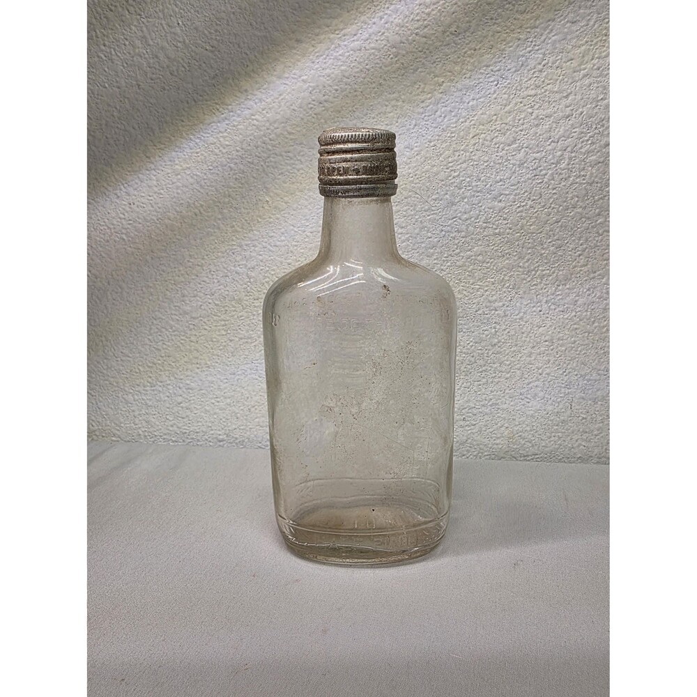 Vintage 1950s 1960s Alcohol Bottle, Retro Metal Screw Cap, Clear Glass